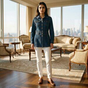 Women’s Longline Denim Trucker Jacket Cinched Waist Dark Indigo L